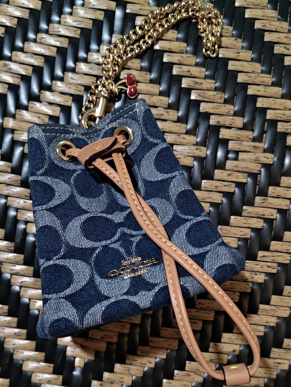 Coach Denim Signature Drawstring Wristlet With A Cherry Charm
